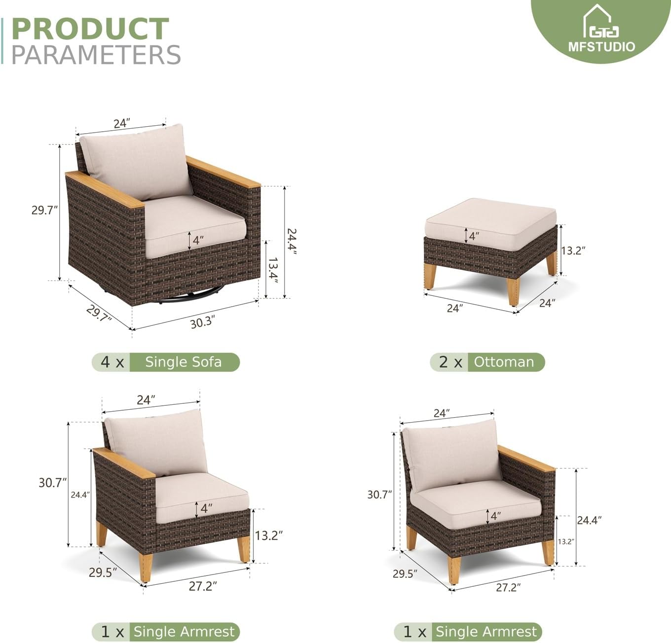 MFSTUDIO 8 Piece Wicker Patio Furniture Set, 4 x Swivel Chair, 2 x Ottoman, 2 x Corner Sofa, All-Weather PE Rattan Patio Conversation Set Outdoor Sectional Sofas for Garden(Beige Cushions)