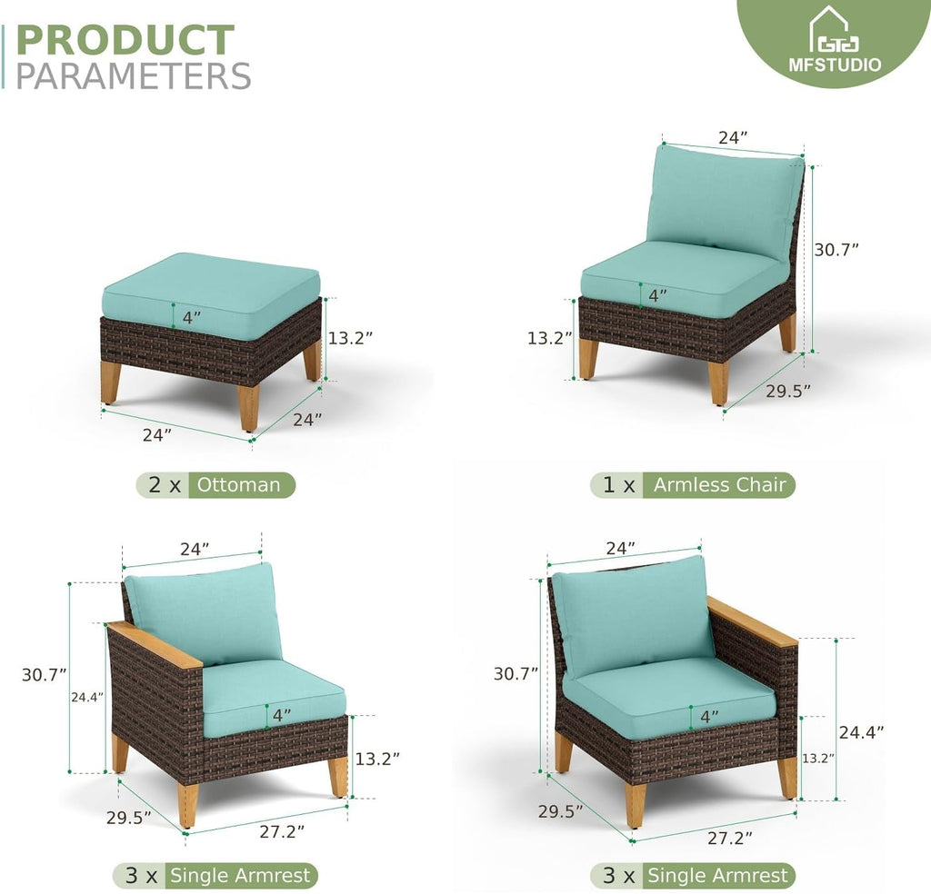 MFSTUDIO 9 Piece Extra Large Wicker Patio Furniture Set, 2 x Loveseat Sofa, 2 x Ottoman, 3-Seat Sofa, All-Weather Outdoor PE Rattan Patio Conversation Set for Garden, Backyard(Aqua Blue Cushions)