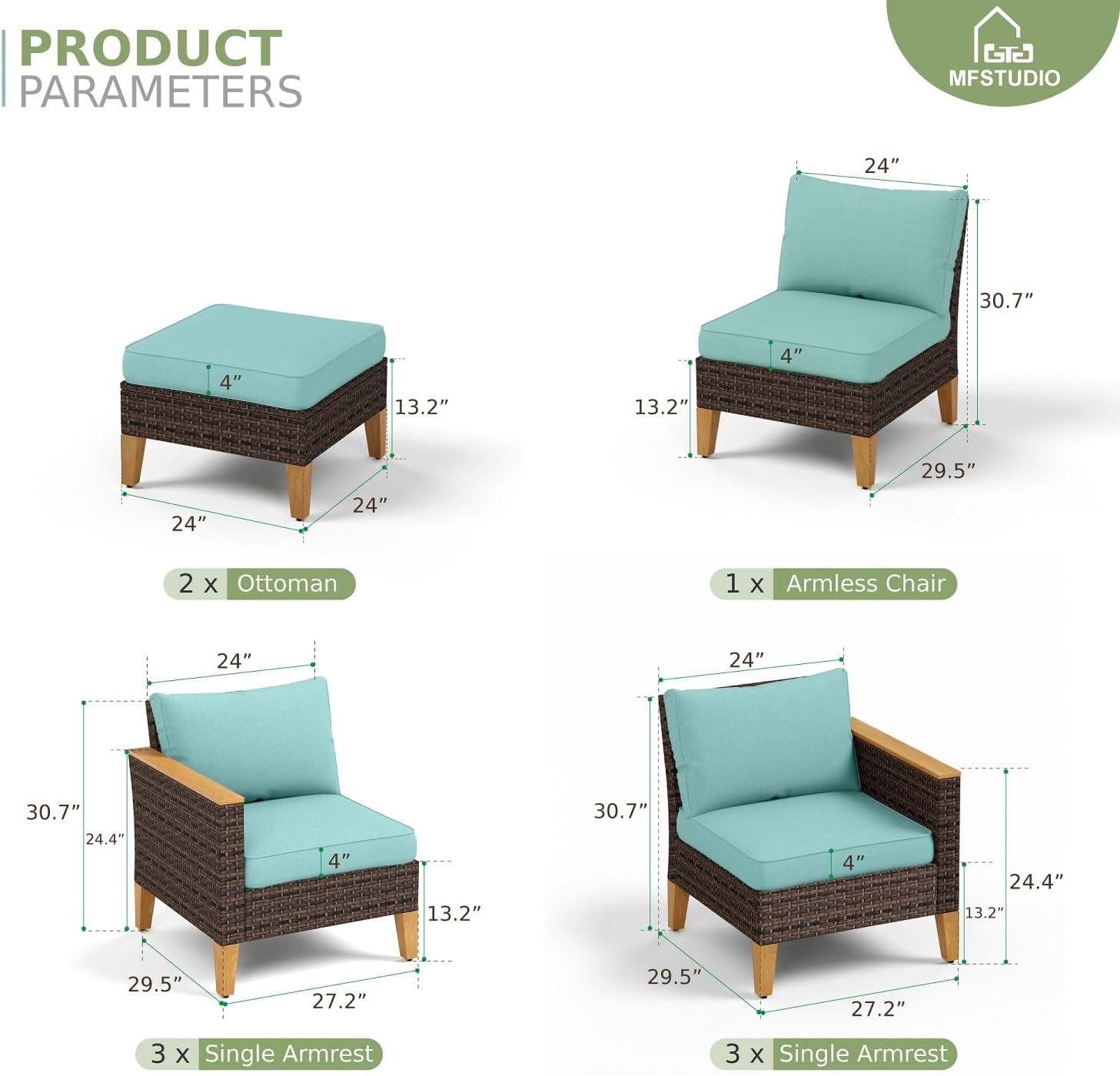 MFSTUDIO 9 Piece Extra Large Wicker Patio Furniture Set, 2 x Loveseat Sofa, 2 x Ottoman, 3-Seat Sofa, All-Weather Outdoor PE Rattan Patio Conversation Set for Garden, Backyard(Aqua Blue Cushions)