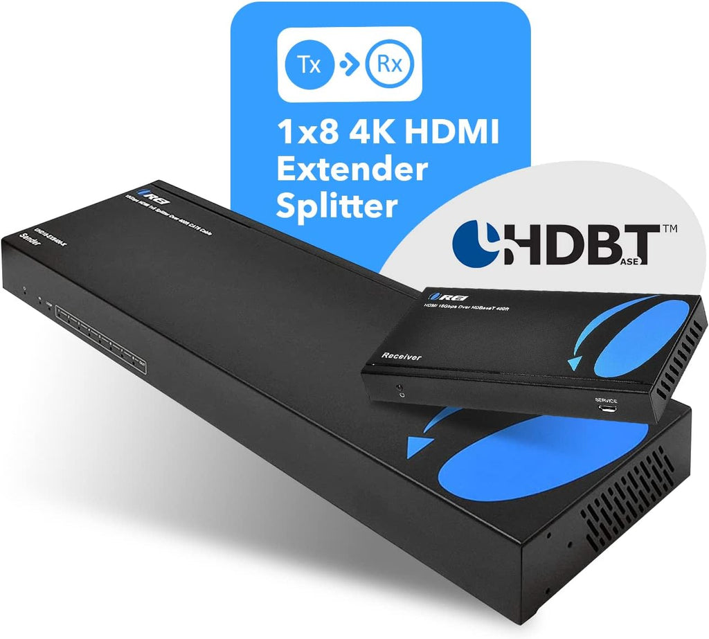 OREI 1x8 HDMI Extender Splitter HDBaseT, Multiple Over Single Cable CAT6/7 4K@60Hz 4:4:4 HDCP 2.2 with IR Remote EDID Management, HDR - Up to 400 Ft - Loop Out - Low Latency - (UHD18-EXB400-K)