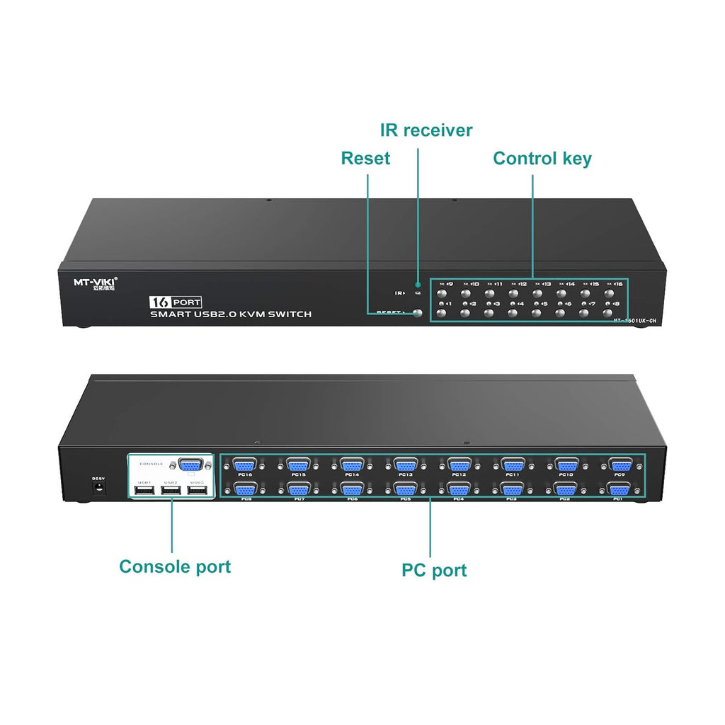 MT-VIKI 16 Port KVM Switch, 16X1 Rackmount KVM Switch VGA, Included 16 KVM Cables & Remote, Fit 1U 19'' Rack