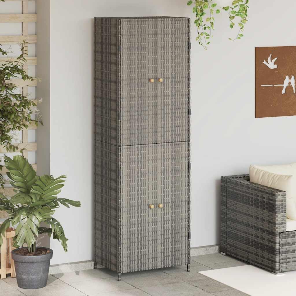 vidaXL Wooden Garden Storage Cabinet, Durable Poly Rattan, Water-Resistant, 4 Compartments, Outdoor Storage Cabinet, Powder-Coated Steel Frame, Solid Acacia Wood Knobs, 23.2'x15.7'x70.9', Gray