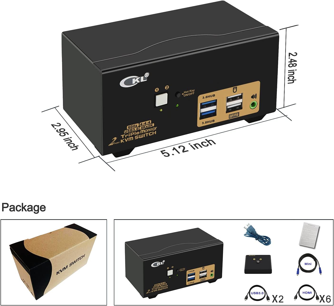 CKL USB 3.0 HDMI KVM Switch Triple Monitor 2 Port Extended Display 4K 60Hz with Cables and Audio 923HUA-3