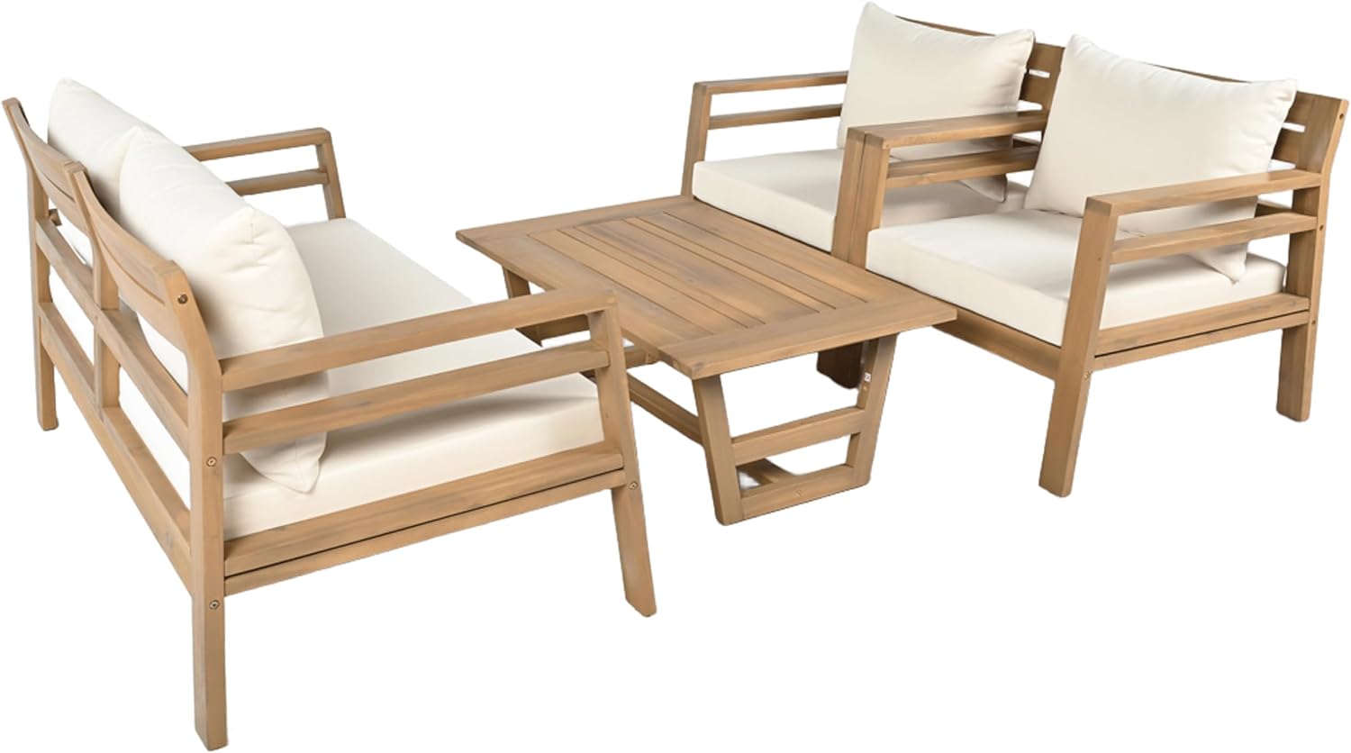 Christopher Knight Home Jamaia 4 Pieces Acacia Furniture Set, Patio Conversation Chat 2-Seat Sofa Set with Coffee Table, Outdoor Loveseat Chair Set for Garden Porch Backyard Balcony, Light Teak+Beige