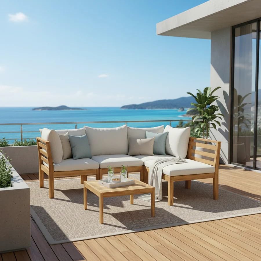 5-Piece Acacia Wood Outdoor Furniture Set, All-Weather Conversational Chat Set with Thick Water-Resistant Cushions, Modern Space-Saving Patio Sofa for Small Balcony, Deck & Backyard, Natural
