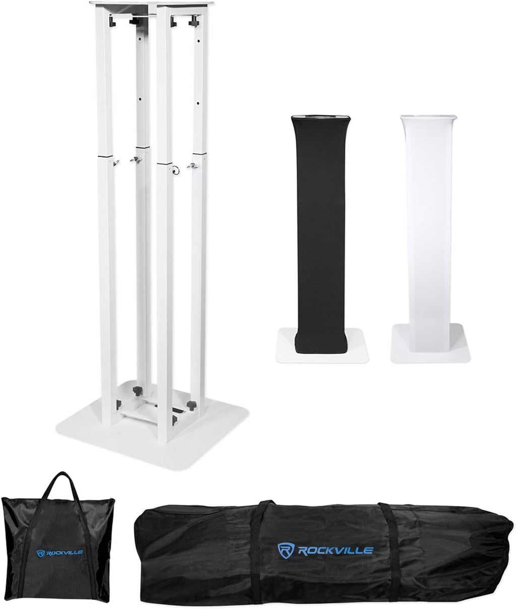 Rockville RTP32W Adjustable Totem Moving Head Light Stand, Black and White Scrims, Carry Bags, 132lb Capacity, Tool-Free Setup, Speaker Mount, for Mobile DJs and Events