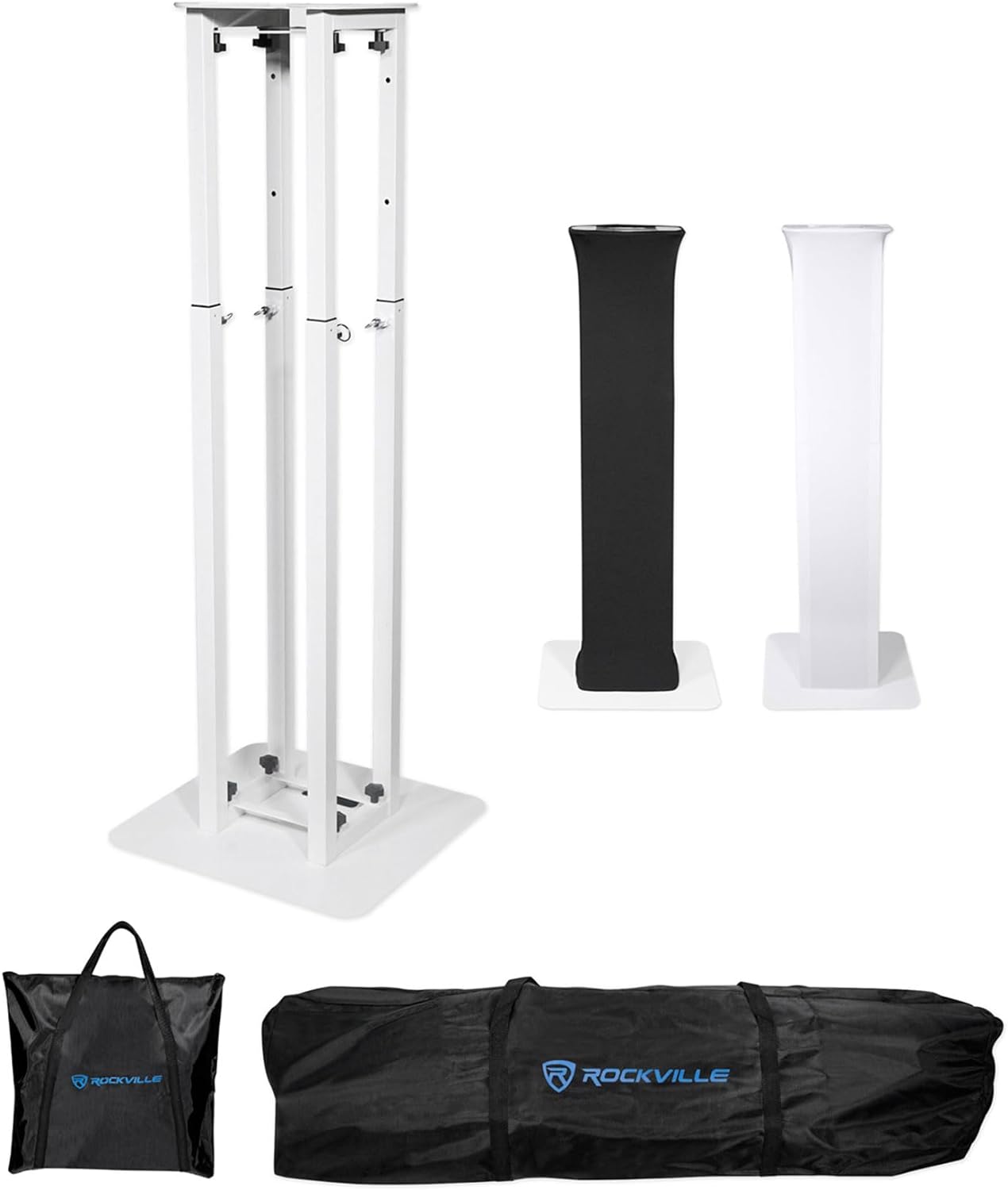 Rockville RTP32W Adjustable Totem Moving Head Light Stand, Black and White Scrims, Carry Bags, 132lb Capacity, Tool-Free Setup, Speaker Mount, for Mobile DJs and Events
