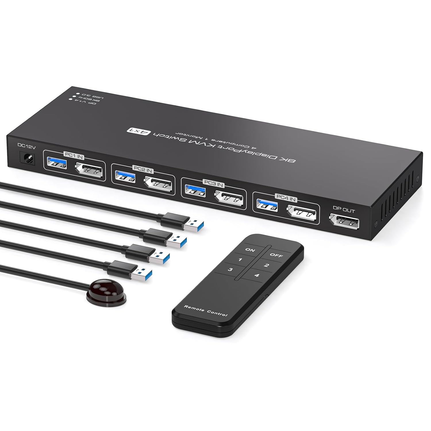 8K Displayport KVM Switch 4 Computers 1 Monitor 4K144Hz 4 Port KVM Sharing 1 Monitor and 4 USB 3.0 Device with Controller Support Extended/Copy Mode