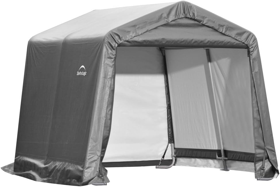 ShelterLogic 10' x 10' Shed-in-a-Box All Season Steel Metal Peak Roof Outdoor Storage Shed with Waterproof Cover and Heavy Duty Reusable Auger Anchors, grey