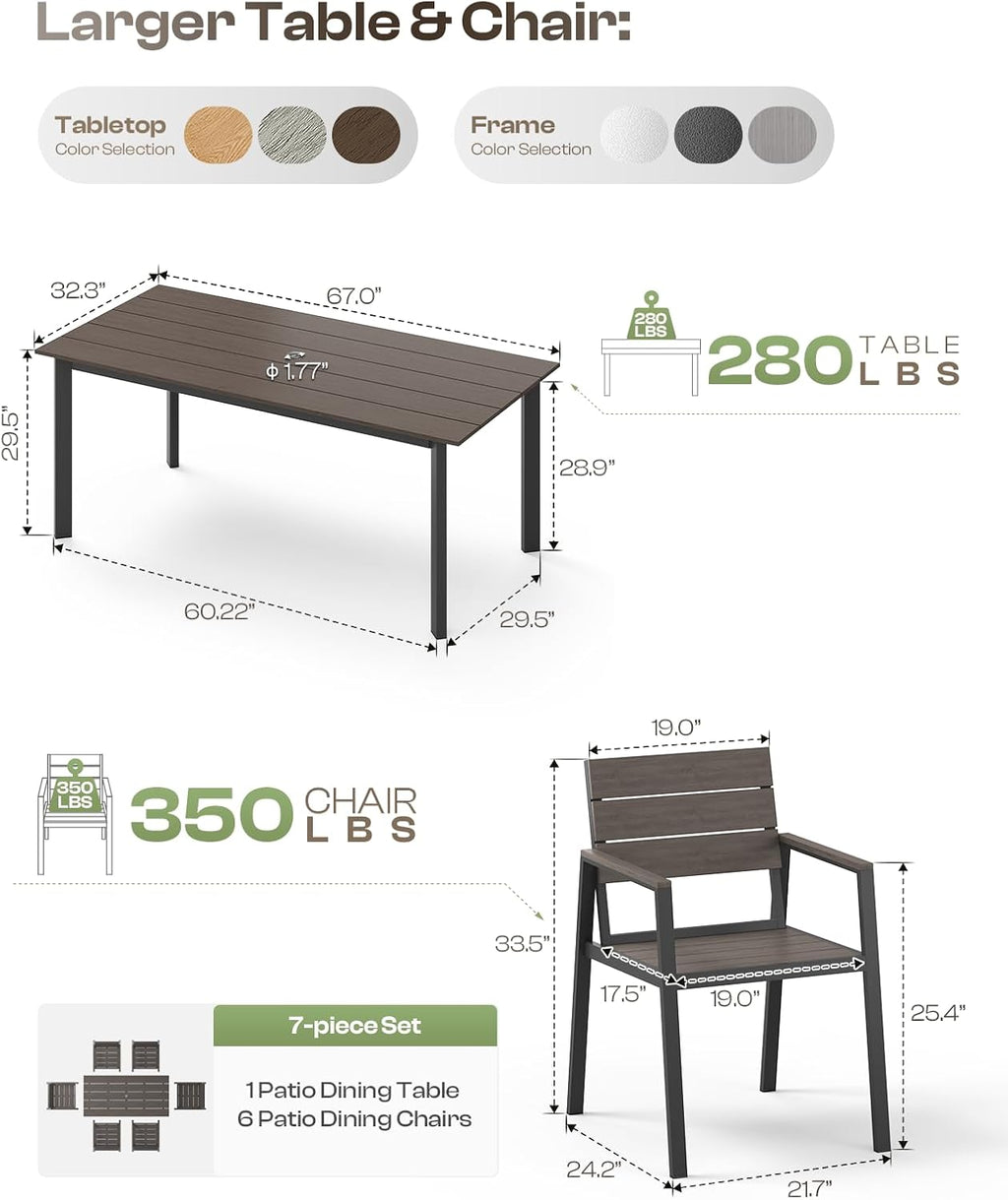 Outdoor Dining Set for 6, Patio Table and Chairs Set with Umbrella Hole, 7 Pieces HDPS + Aluminum Outdoor Furniture Sets for Patio, Garden (Charcoal)