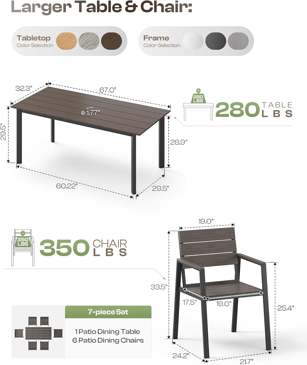 Outdoor Dining Set for 6, Patio Table and Chairs Set with Umbrella Hole, 7 Pieces HDPS + Aluminum Outdoor Furniture Sets for Patio, Garden (Charcoal)
