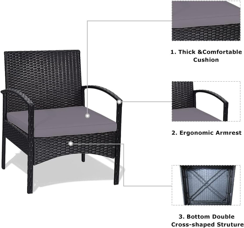 HAPPYGRILL 3 Pieces Rattan Patio Bistro Set, Outdoor Conversation Set, Patio Furniture Set with Glass Coffee Table & Soft Cushions for Balcony Garden Poolside