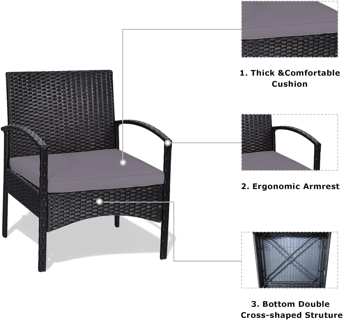 HAPPYGRILL 3 Pieces Rattan Patio Bistro Set, Outdoor Conversation Set, Patio Furniture Set with Glass Coffee Table & Soft Cushions for Balcony Garden Poolside