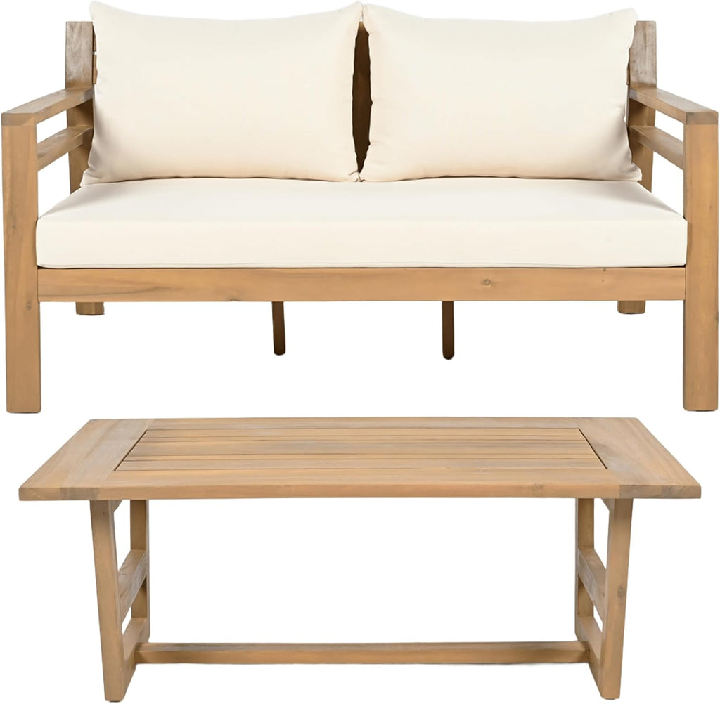 Christopher Knight Home Jamaia 2 Pieces Acacia Furniture Set, Patio Conversation Chat 2-Seat Sofa Set with Coffee Table, Outdoor Acacia Loveseat Set for Garden Porch Backyard Balcony, Light Teak+Beige