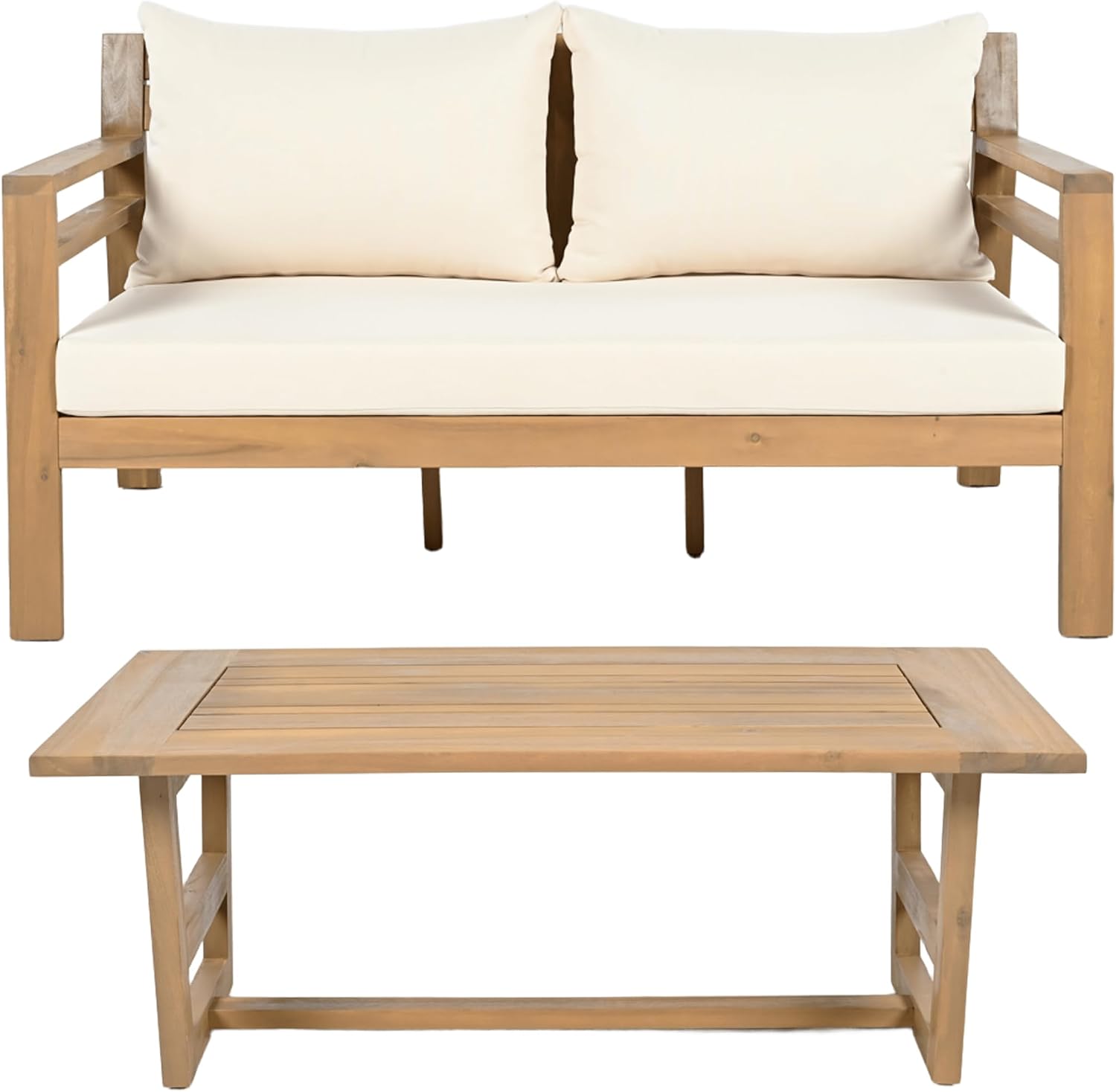 Christopher Knight Home Jamaia 2 Pieces Acacia Furniture Set, Patio Conversation Chat 2-Seat Sofa Set with Coffee Table, Outdoor Acacia Loveseat Set for Garden Porch Backyard Balcony, Light Teak+Beige