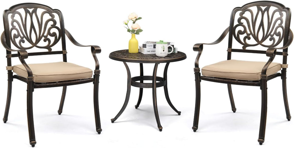 VINGLI 3 Piece Outdoor Bistro Set, Cast Aluminum Patio Table and 2 Chairs Set for Patio Balcony Garden, All Weather Outdoor Furniture Set with Stackable Chairs and Small Round Table