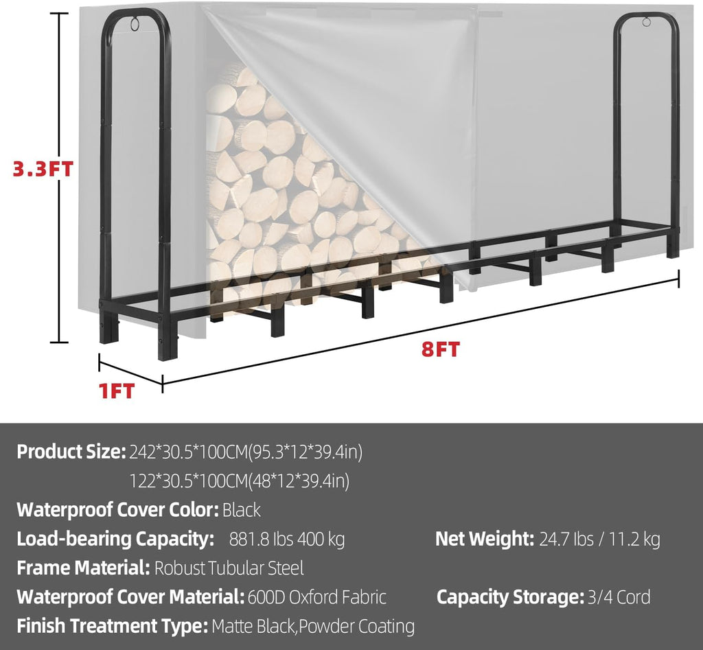 Kendane 8FT Firewood Rack Outdoor with Cover, Heavy Duty Adjustable Firewood log Storage & Holder, Wood Pile Lumber Storage Rack Stacking Outside for Courtyard Patio.
