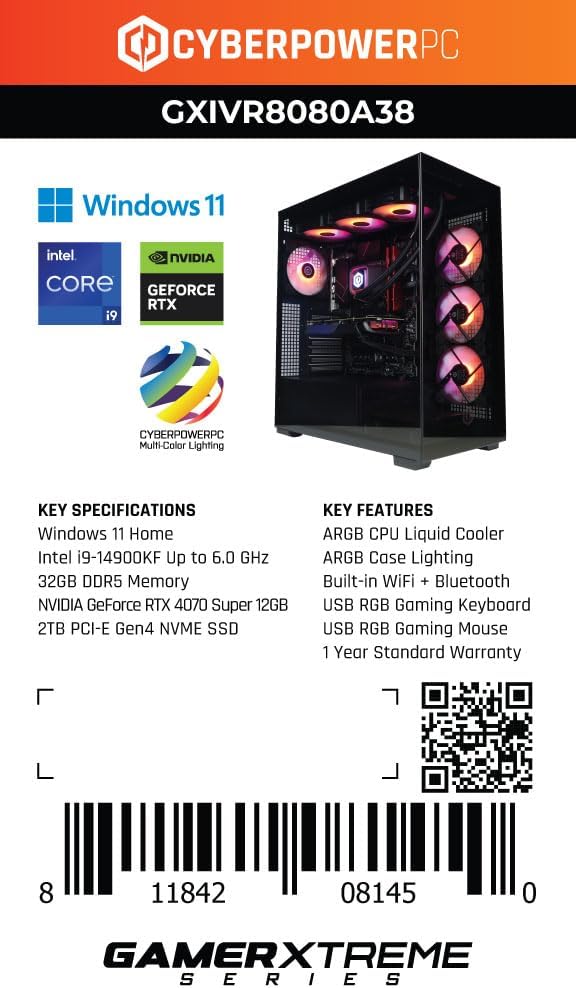 CYBERPOWERPC Gamer Xtreme VR Gaming PC, Intel Core i9-14900KF 3.2GHz, GeForce RTX 4070 Super 12GB, 32GB DDR5, 2TB PCIe Gen4 SSD, WiFi Ready & Windows 11 Home (GXiVR8080A38)