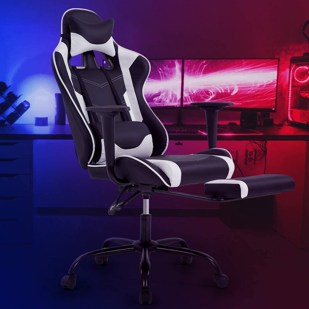 Gaming Chair, Ergonomic Office Chair Leather Chair with Adjustable and Swivel and Reclining High Back Computer Chair with Lumbar Support and Headrest, White