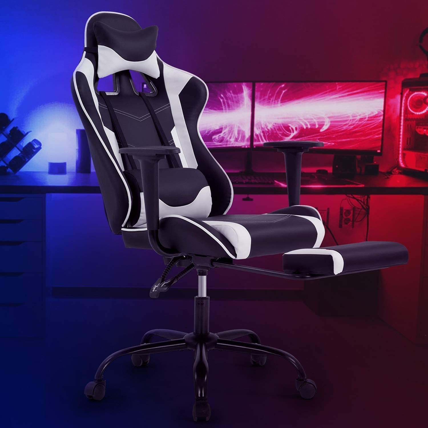 Gaming Chair, Ergonomic Office Chair Leather Chair with Adjustable and Swivel and Reclining High Back Computer Chair with Lumbar Support and Headrest, White