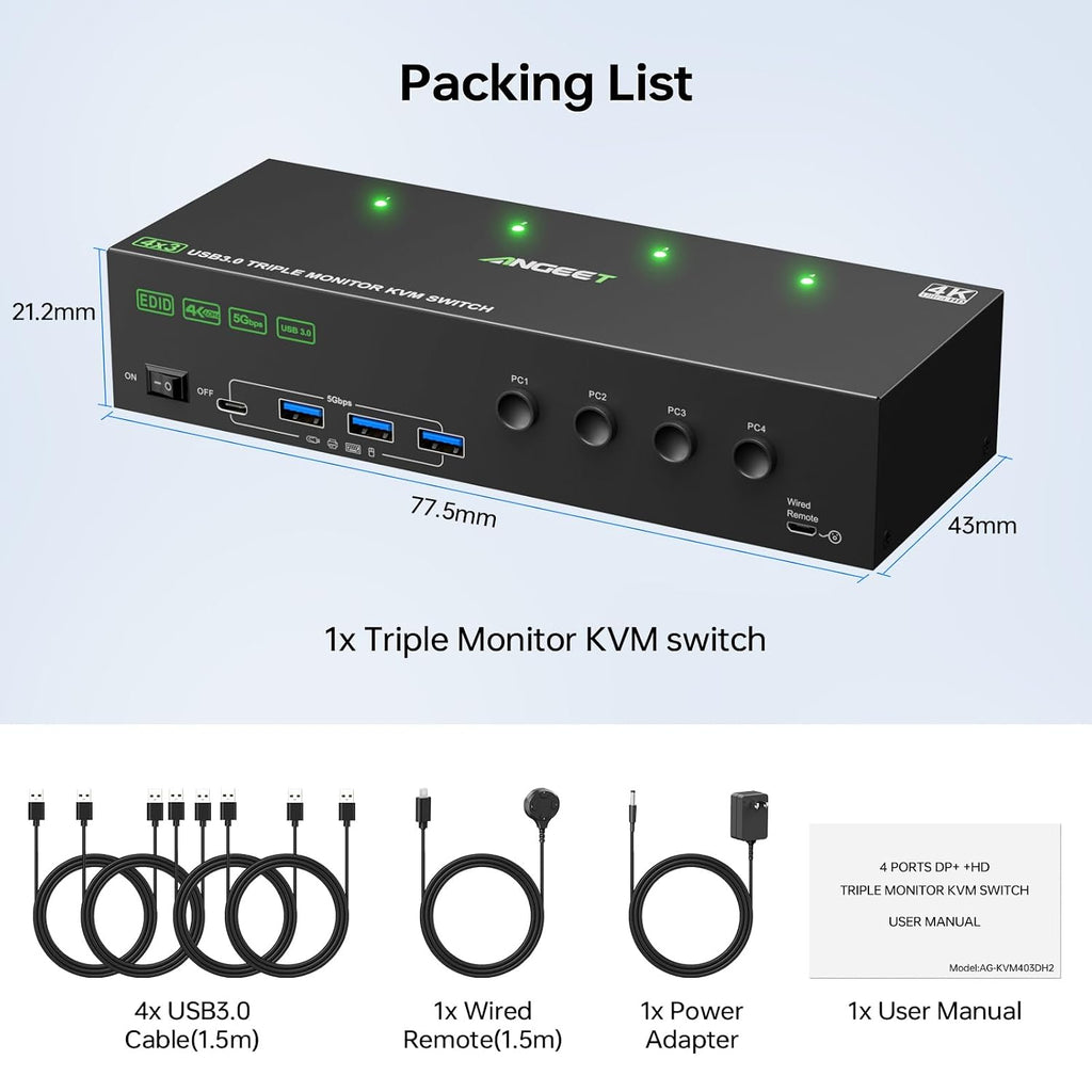 KVM Switch 3 Monitors 4 Computers 4K@60Hz EDID Simulation, 2 HDMI+Displayport KVM Switch Triple Monitor for 4 Computer Share 3 Monitor and 4 USB3.0 Ports, Wired Remote and 4 USB Cables Included