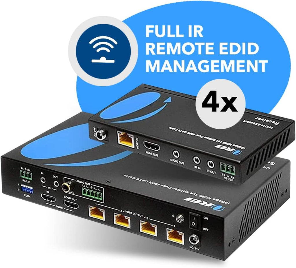 OREI 1x4 HDMI Extender Splitter HDBaseT 4K, Multiple Over Single Cable CAT6/7 4K@60Hz 4:4:4 HDCP 2.2 With IR Remote EDID Management, HDR - Up to 400 Ft - Loop Out - Low Latency - Full Support
