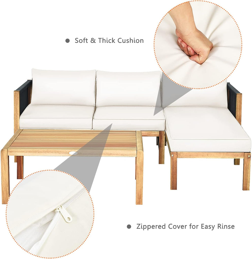 Tangkula L Shape Outdoor Furniture Set, 3 Piece Acacia Wood Patio Conversation Set, with 2 loveseats and Coffee Table, Garden Backyard Poolside Patio Seating Set (White)