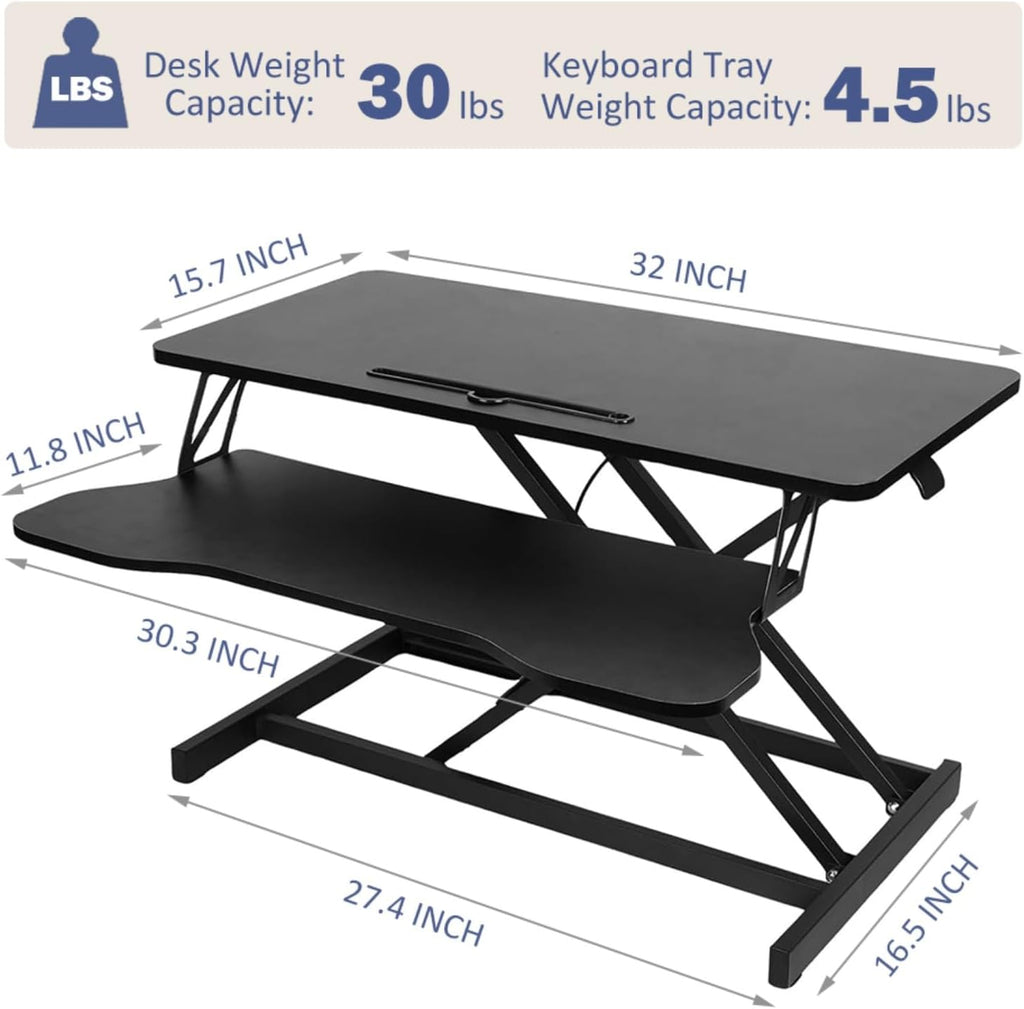 32' Height Adjustable Standing Desk Sit To Stand Converter with Wide Keyboard Tray for Home Office, Stand Up Desk Dual Monitor Riser Workstation with Spacious Tabletop for Laptops/Small Space (Black)