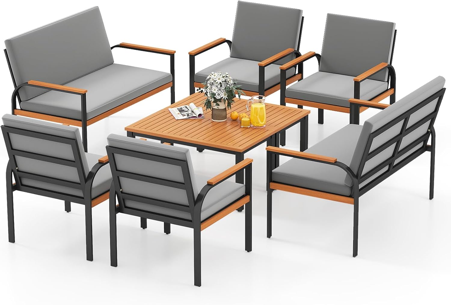 Tangkula 8 Pieces Patio Furniture Set, Outdoor Conversation Set with Acacia Wood Coffee Table, Cushioned Loveseat & 2 Single Armrest Chairs, for Porch, Garden, Backyard, Poolside