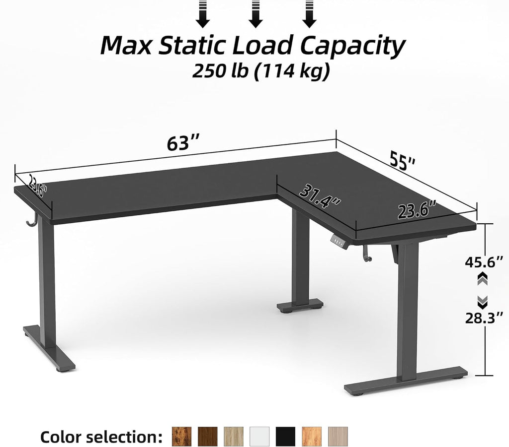 TIQLAB Standing Desk L Shaped, 63x55 Inch Adjustable Height Electric Stand Up Desk, Corner Standing Table with Hooks, Sit Stand Desk with Splice Board, Black
