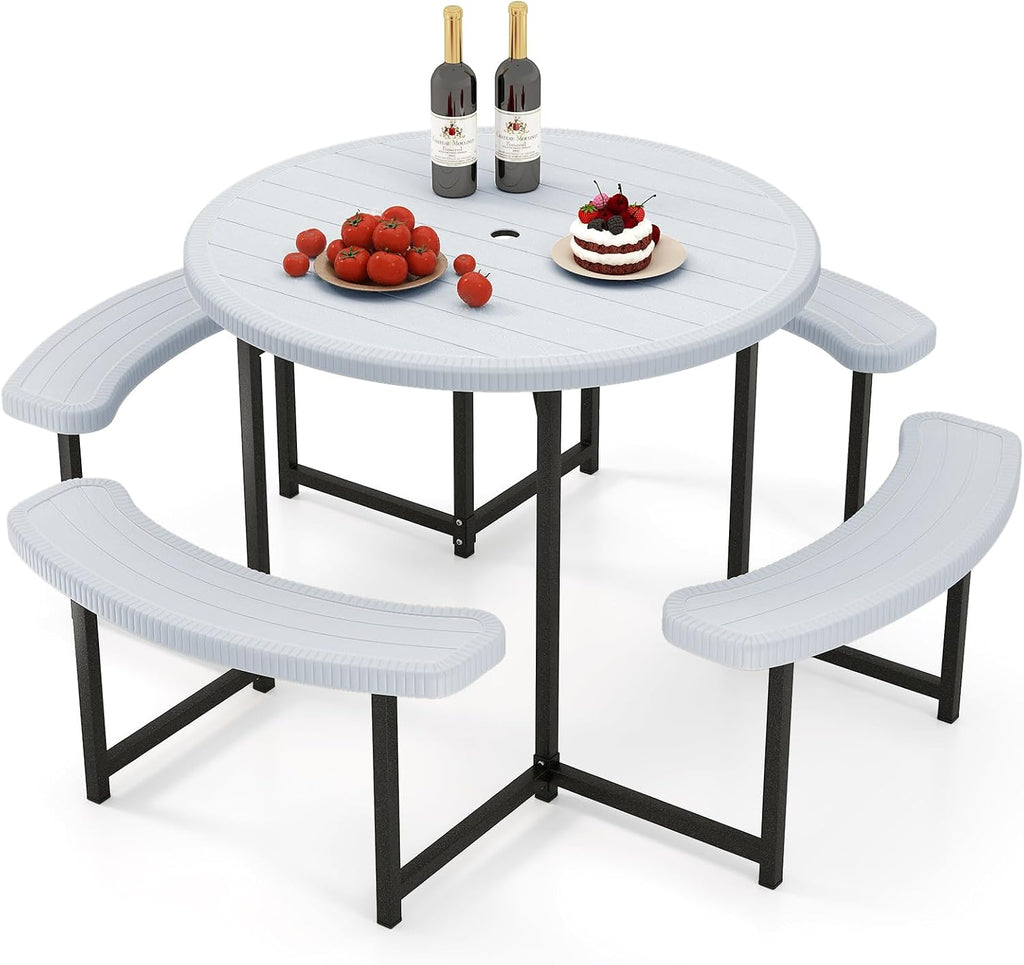 Giantex Picnic Table Bench Set for 4-8 Person, Round 37' Outdoor Dining Table w/Umbrella Hole, HDPE Tabletop, Metal Frame, Patio Furniture Set for Backyard Porch Lawn, 1400lb Capacity (White,Round)