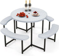 Giantex Picnic Table Bench Set for 4-8 Person, Round 37' Outdoor Dining Table w/Umbrella Hole, HDPE Tabletop, Metal Frame, Patio Furniture Set for Backyard Porch Lawn, 1400lb Capacity (White,Round)