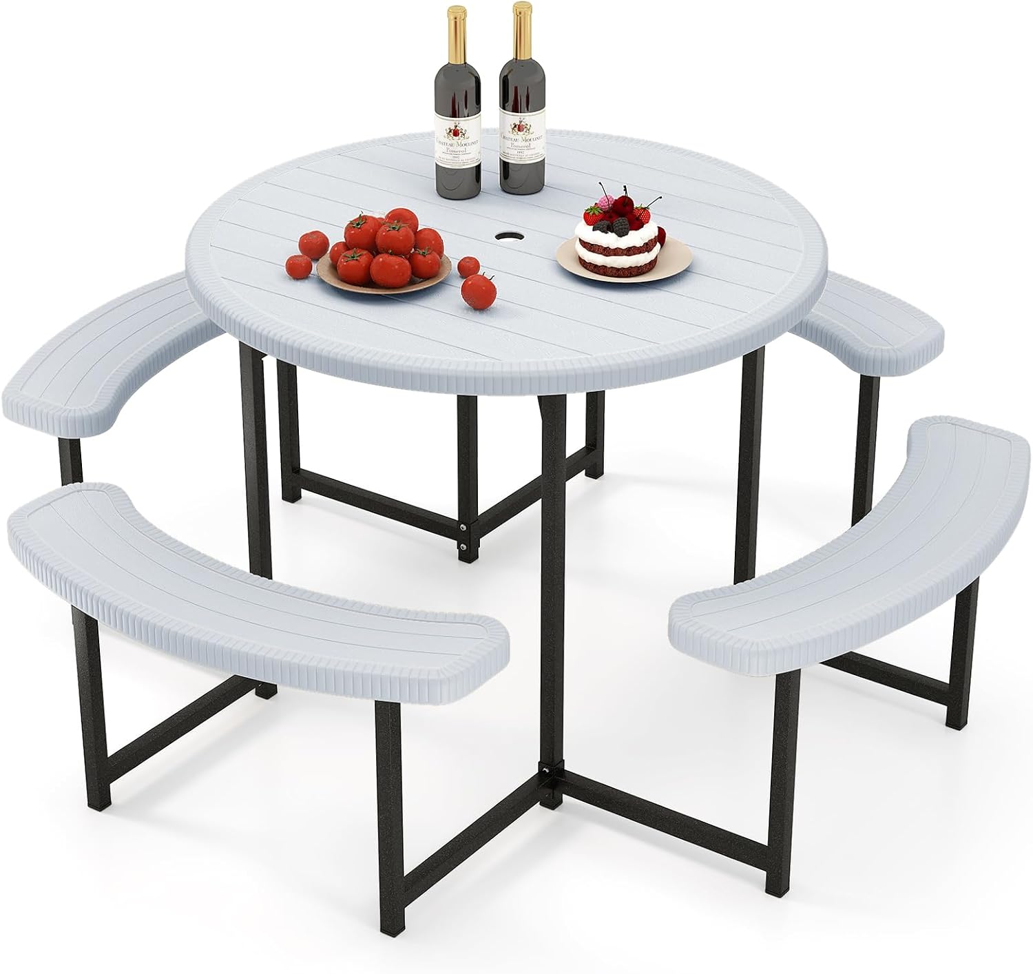 Giantex Picnic Table Bench Set for 4-8 Person, Round 37' Outdoor Dining Table w/Umbrella Hole, HDPE Tabletop, Metal Frame, Patio Furniture Set for Backyard Porch Lawn, 1400lb Capacity (White,Round)