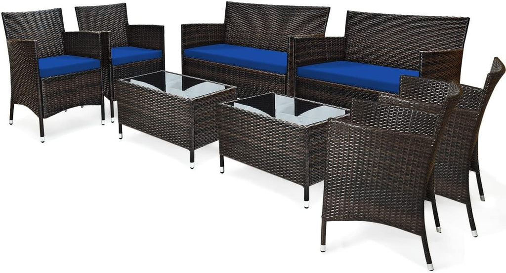 COSTWAY 8PCS Rattan Patio Furniture Set, Outdoor Wicker Rattan Chairs with Coffee Table, Rattan Cushioned Conversation Set for Backyard Balcony Porch Poolside, Navy