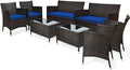 COSTWAY 8PCS Rattan Patio Furniture Set, Outdoor Wicker Rattan Chairs with Coffee Table, Rattan Cushioned Conversation Set for Backyard Balcony Porch Poolside, Navy