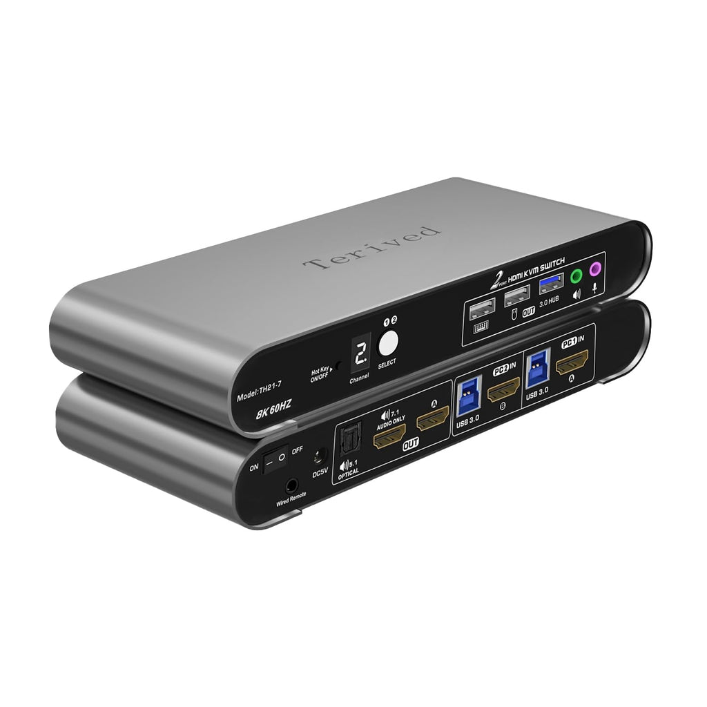 2 Computers 1 HDMI Monitor Automatic KVM Switch 8K@60Hz, Hotkey Switching, EDID, Support 5.1/7.1 Audio and Microphone, Aluminum Shell with Digital Display, USB 3.0 Hub, HDR10 with Cables