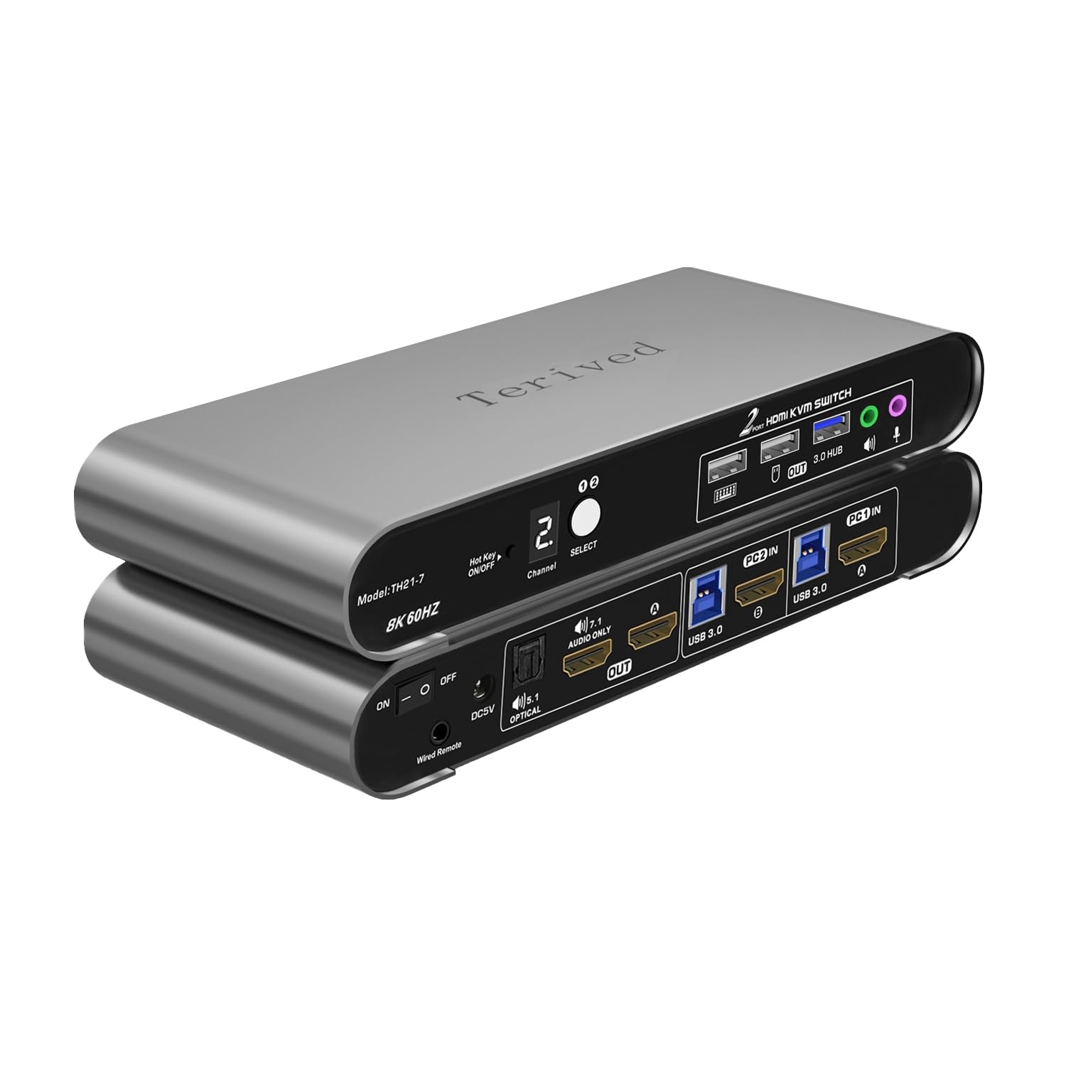 2 Computers 1 HDMI Monitor Automatic KVM Switch 8K@60Hz, Hotkey Switching, EDID, Support 5.1/7.1 Audio and Microphone, Aluminum Shell with Digital Display, USB 3.0 Hub, HDR10 with Cables