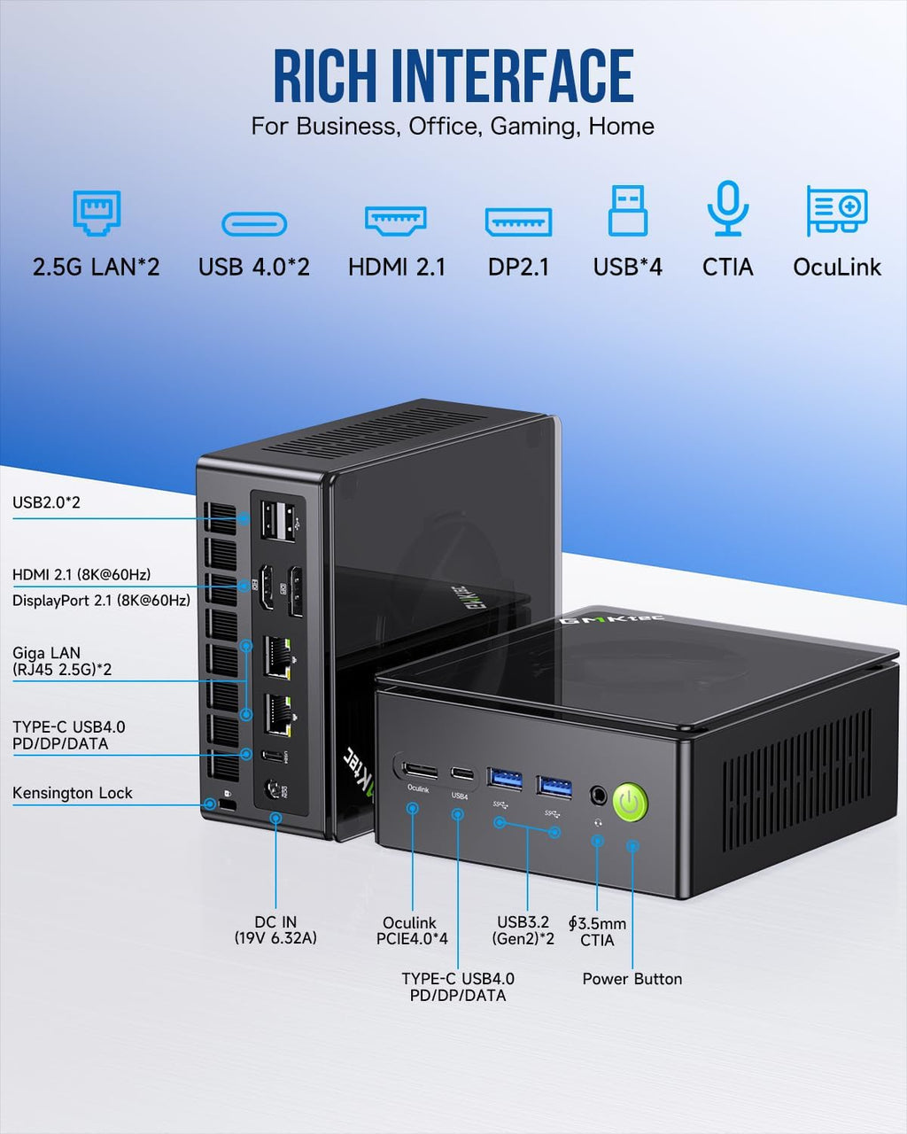 GMKtec Gaming Mini PC AMD Ryzen 7 8845HS (Turbo 5.1GHz) 32GB DDR5 512GB PCIe 4.0 SSD Dual i226V NIC/Oculink Port/USB-C 4 * 2/ HDMI 2.1 DP2.1/ Radeon 780M K8PLUS
