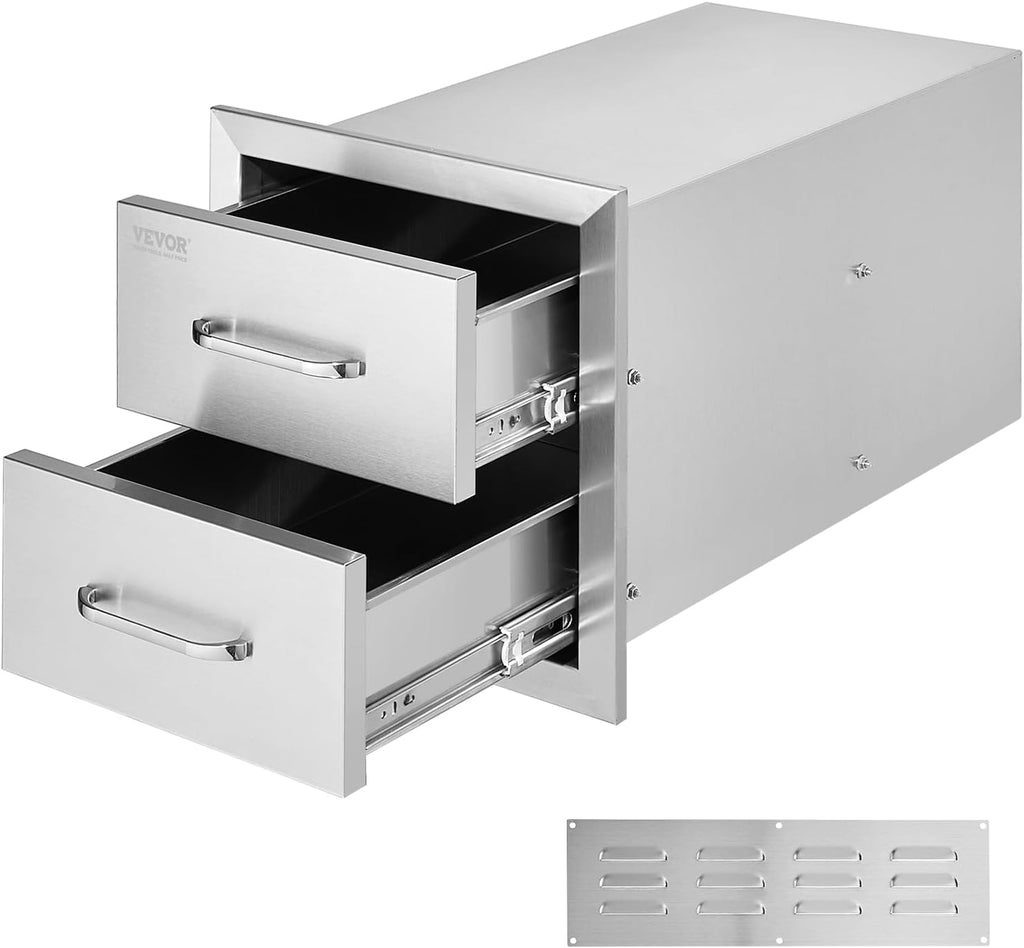 VEVOR Outdoor Kitchen Cabinets 14W x 14.3H x 23D Inch, BBQ Island Drawers Stainless Steel, Flush Mount Double with Handle, BBQ Island for Outdoor Kitchens or Grill Station