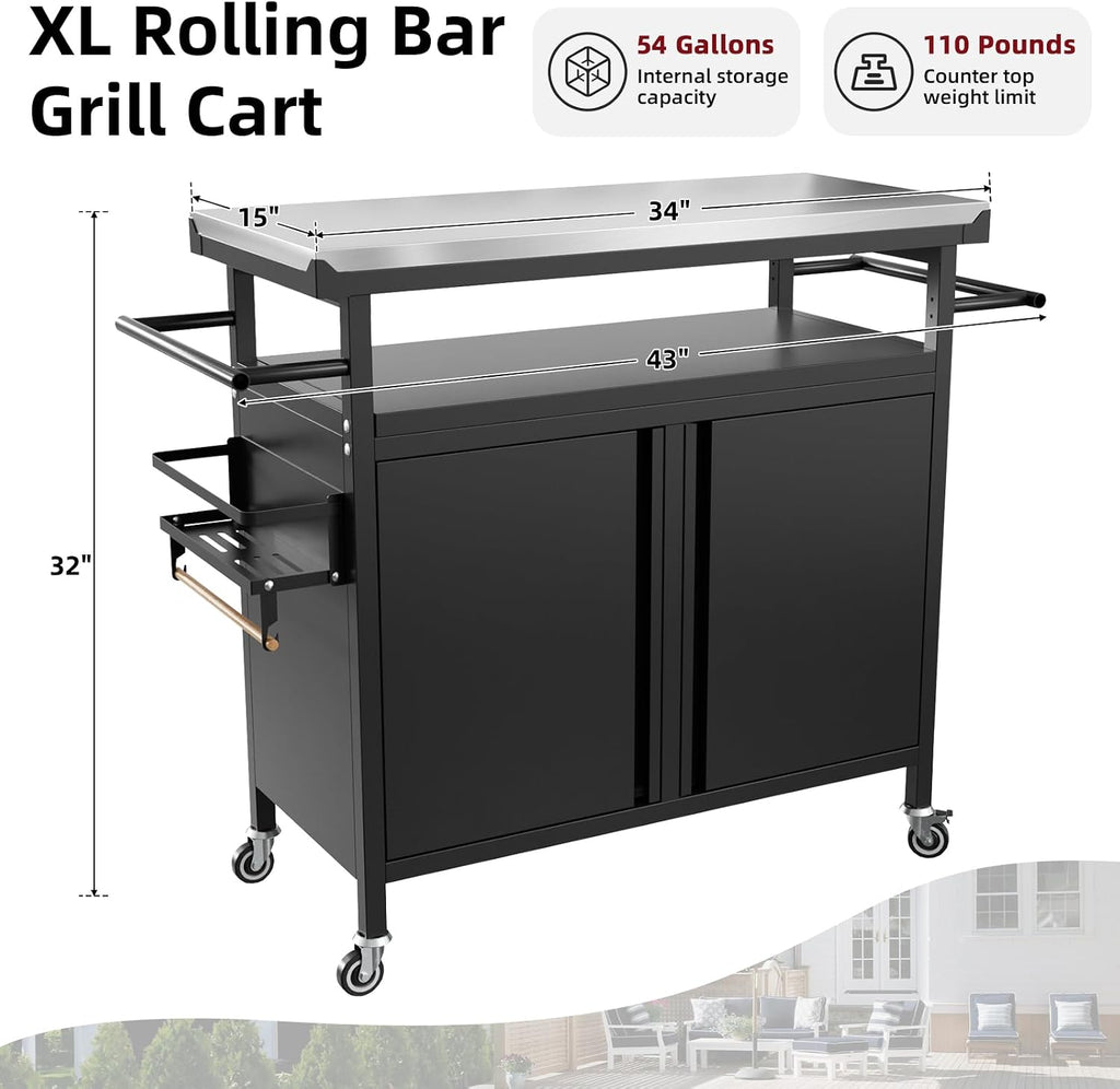 Nessxa Outdoor Grill Cart Bar Cart with Storage Cabinet for Grilling Accessories, XL Portable Outdoor Grill Table with Stainless Steel Top for Kitchen Prep, Lawn & Garden（Black）
