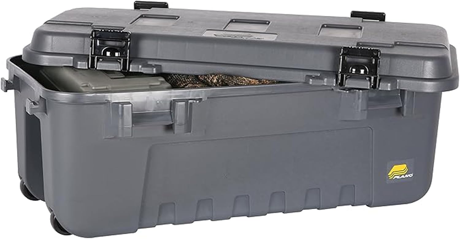 Plano 3 Pack Storage Trunk with Wheels, Gray, Lockable Storage Box, Airline Approved Sportsman Trunk, Hunting Gear and Ammunition Bin, Heavy-Duty Containers for Camping, 108-Quart