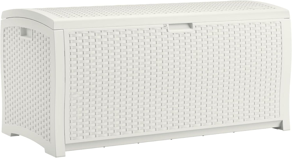 Suncast 99 Gallon Wicker Horizontal Outdoor Deck Box with Hinged Lid, Water-Resistant Storage Solution for Patio, Deck, Yard, and Garage, White, Made in the USA
