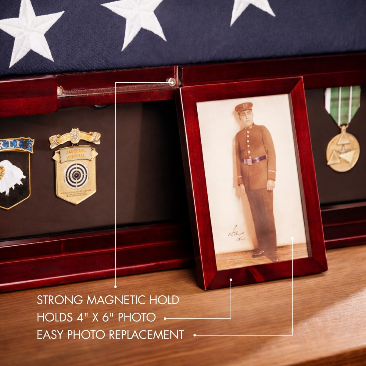 Bey-Berk Custom Personalized American Flag Display Case for 5' x 9.5' Burial Memorial Flag, Military Medal Shadow Box with Glass Front and 4'x 6' Picture Frame (Mahogany)