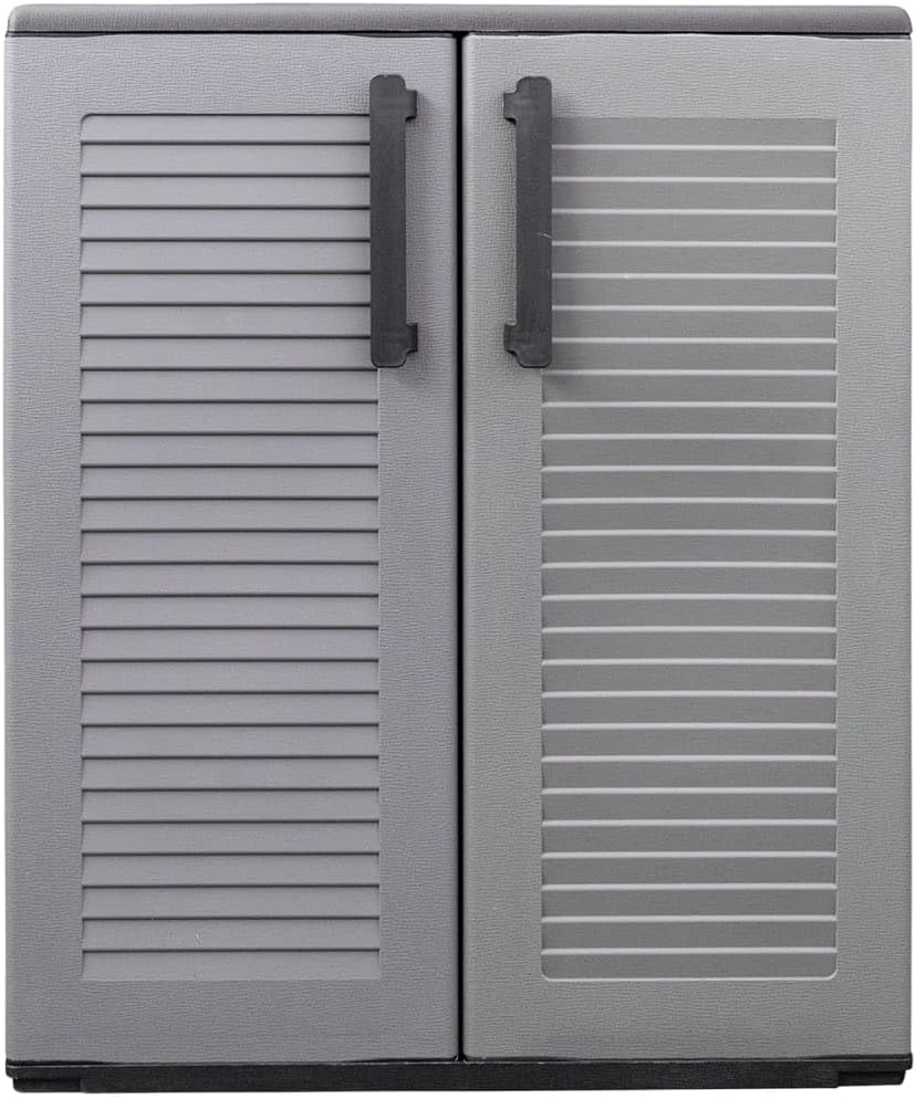 Garden Storage Cabinet, Gray and Black, 26.8'x14.6'x33.1' Weather-Resistant PP, Adjustable Shelves for Outdoor Patio Organization