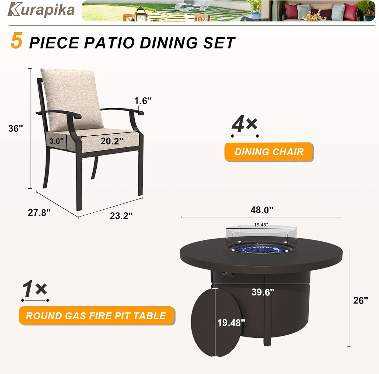 Kurapika 5 Piece Metal Outdoor Patio Furniture Set with Round Fire Pit Table, Patio Conversation Sets 4 Fixed Chairs with Thick Cushion and 40000 BTU Fire Pit Table, Sand