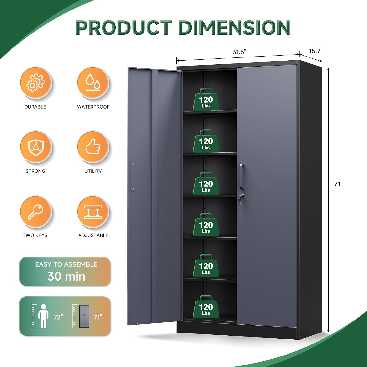 Letaya Metal Storage Cabinets with Lock Door and 5 Adjustable Shelves, Steel Garage Tool Organization Cabinets for Home,Utility Room, Warehouse,Lockers(71'-Black Gray) | Lock Door, 5 Adjustable Shelves, Garage, Lockers