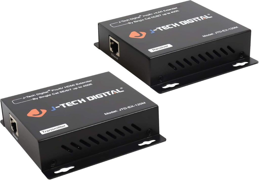 J-Tech Digital HDMI Extender Over Single Cat5e/6/7 HDMI Over Ethernet 1080p with IR Extension - Up to 400ft [TX + RX]