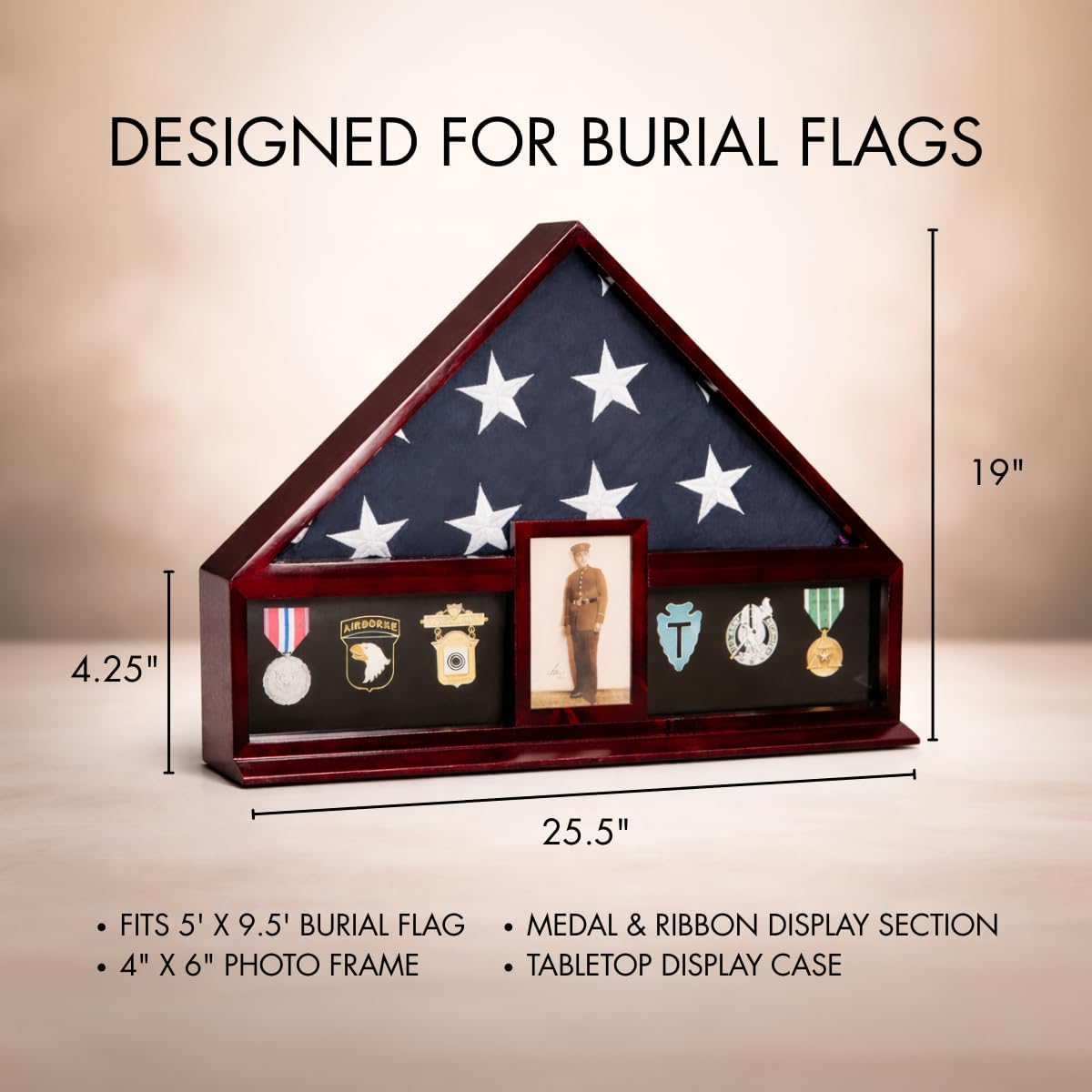 Bey-Berk Custom Personalized American Flag Display Case for 5' x 9.5' Burial Memorial Flag, Military Medal Shadow Box with Glass Front and 4'x 6' Picture Frame (Mahogany)