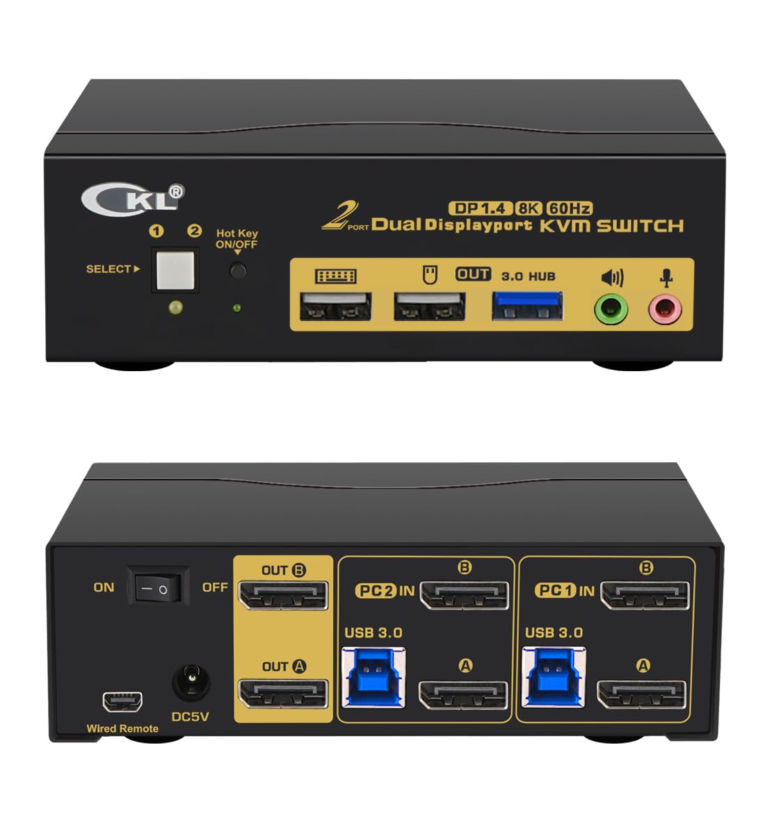 DisplayPort 1.4 8K@30Hz 5K@60Hz 4K@144Hz Dual Monitor KVM Switch for Home and Office to Console Desktops/Laptops, Support USB 3.0, Hot Key, Audio, Wireless Keyboard and Mouse 622DP-4
