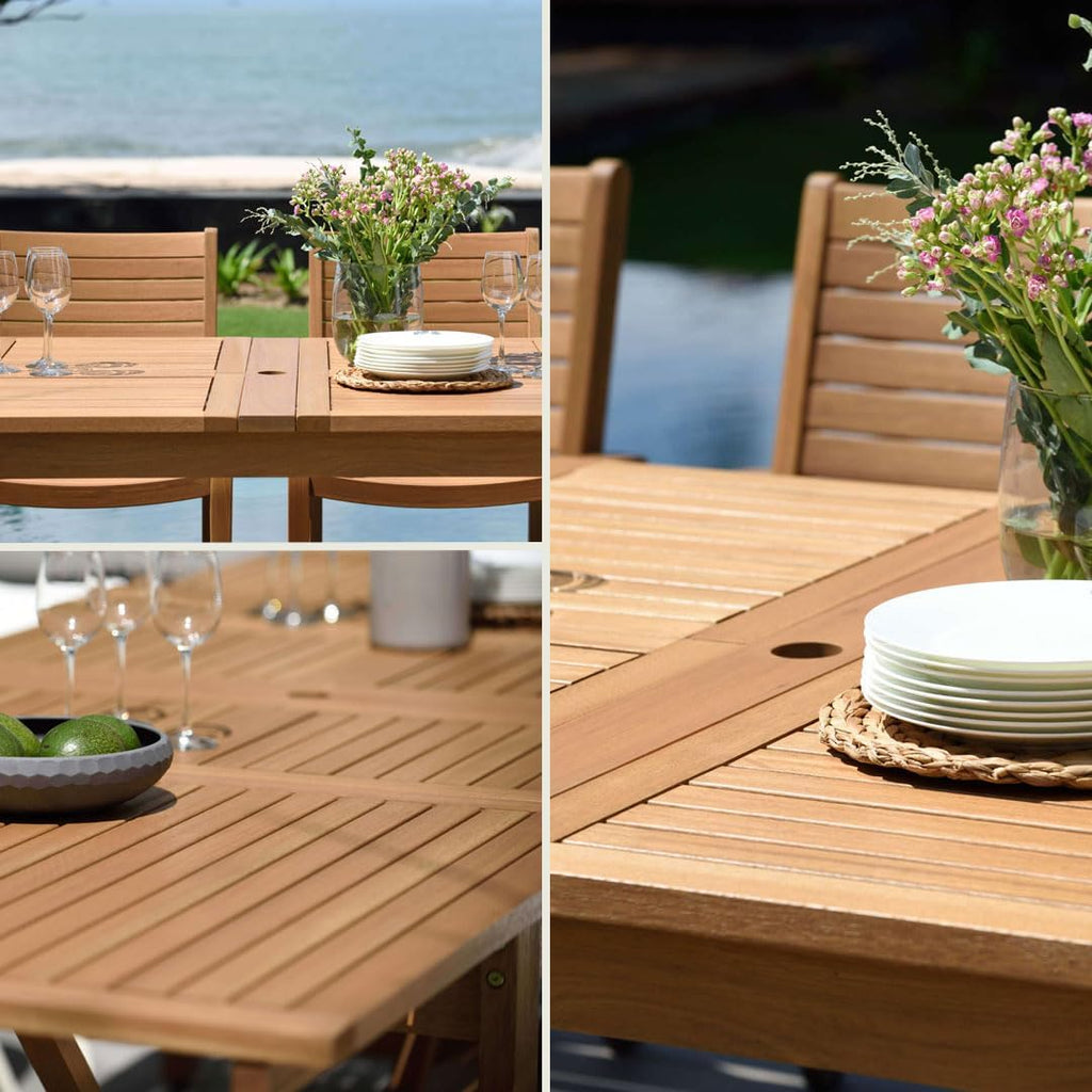 Urban Elements Frida Rectangular Extendable Patio Furniture Set | 100% Certified Teak Finish | Backyard Furniture, Outside Table and Chairs, Rectangular Outdoor Dining Set (White, 9-Piece)